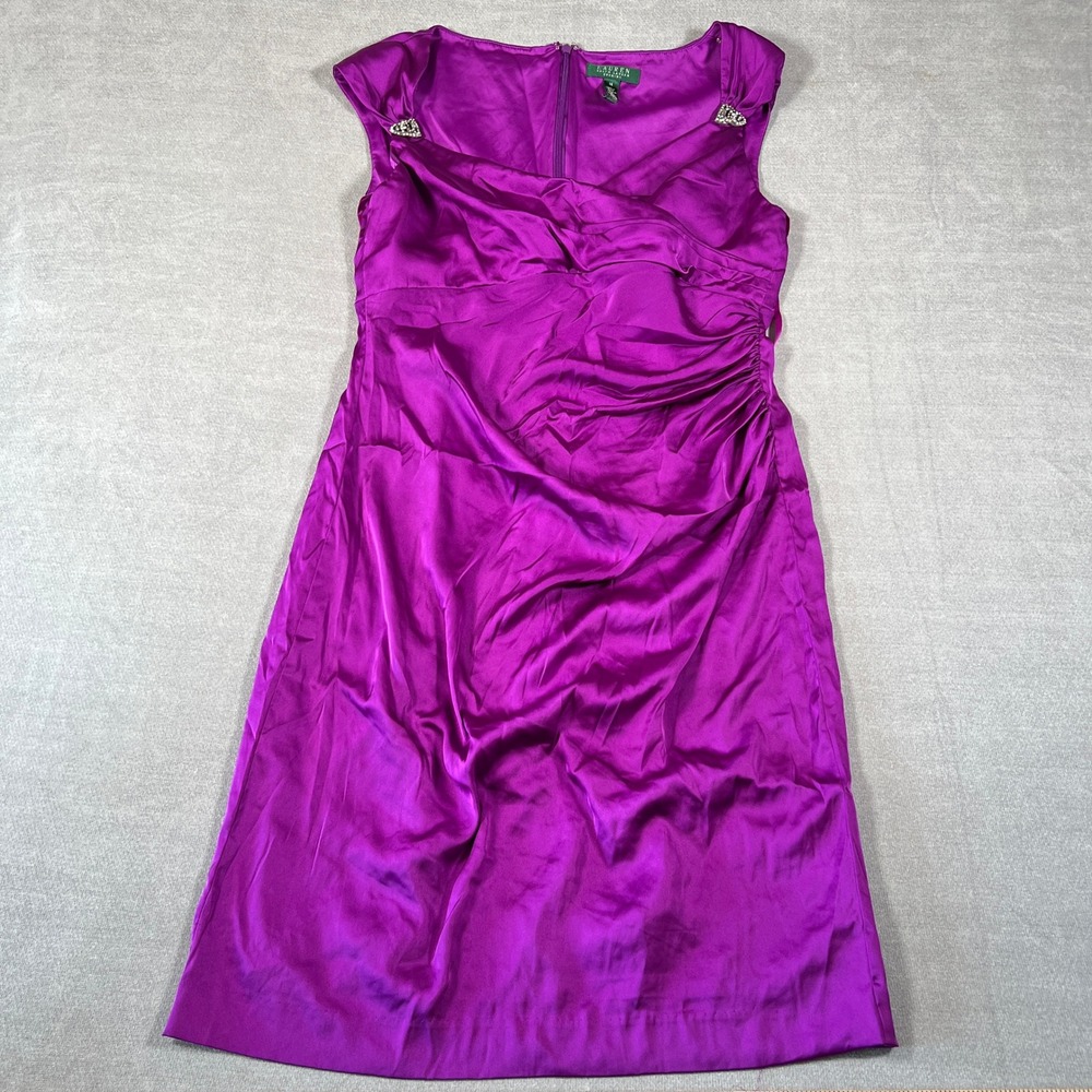 Lauren Ralph Lauren Evening Ruched Satin Sheath Dress Womens 14 Purple Polyester